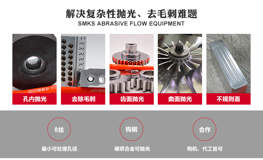 利用高分子彈性軟磨料，通過擠壓研磨的方式，將軟性磨料擠壓進入工件內(nèi)孔或待拋光面，軟性磨料不斷流動，進行反復摩擦研磨，從而達到拋光去毛刺的目的。 磨粒流屬于物理研磨，不需要任何腐蝕性或對環(huán)境及人體有害的化學物質(zhì)，安全環(huán)保！且在研磨過程中，工件被工裝保護，不會造成磕碰，利于精度保持。